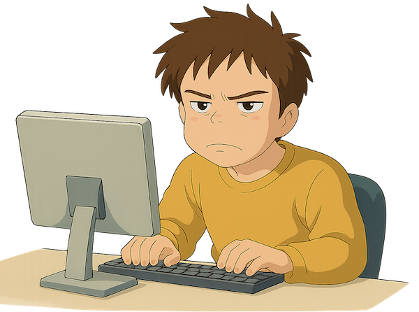 Cartoon of a grumpy guy at a computer
